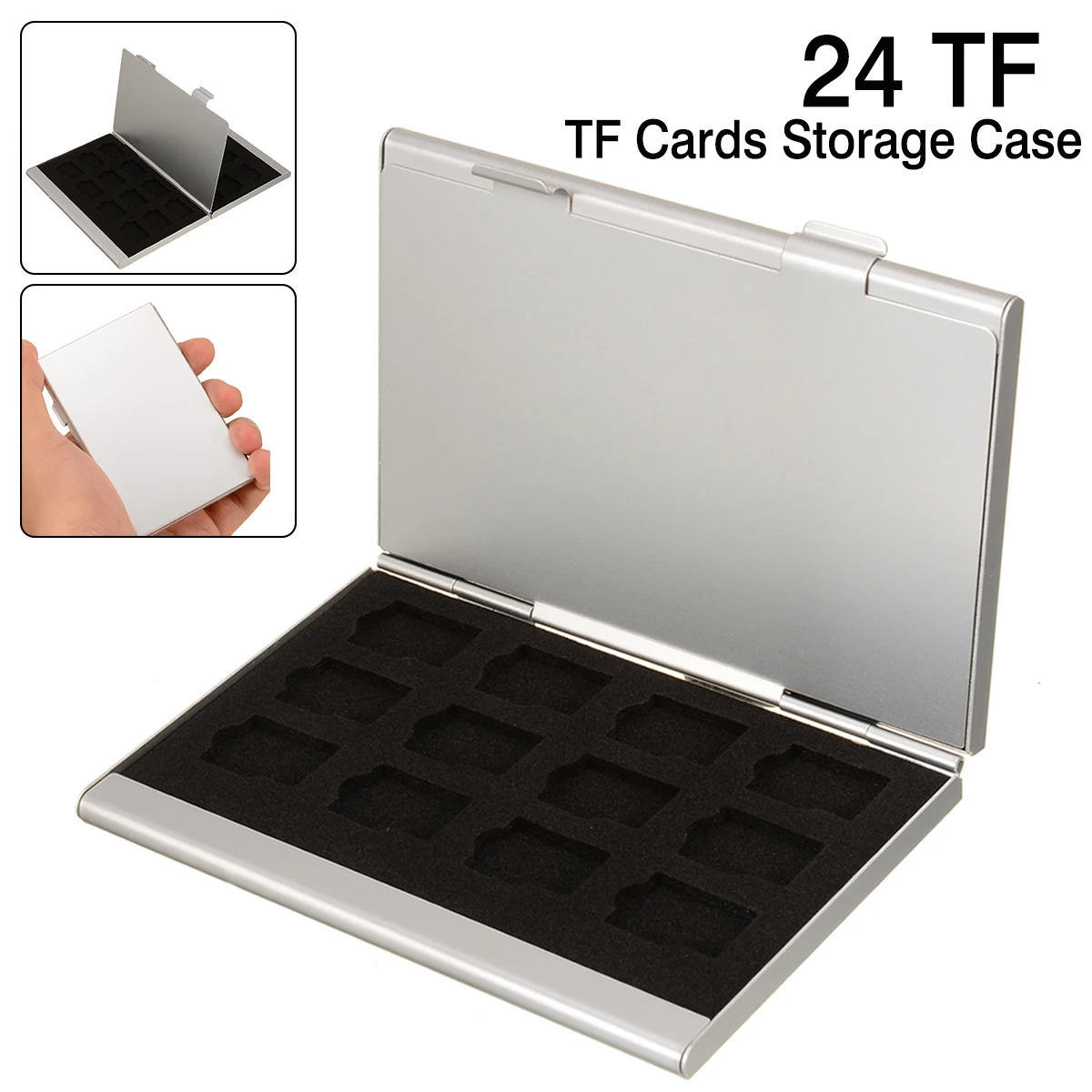 Computer Internal Storages 1pc 24IN1 EVA Spomge Slots TF Cards Storage Case Box Silver Aluminum Alloy Shell 9.2*6*1cm