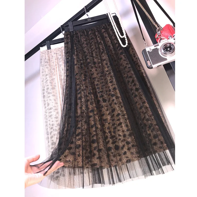 

Autumn Winter Woman Leopard Print Long Pleated Skirt 2019 New Korean Edition Elastic High Waist Mesh Skirt Vintage Maxi Skirt