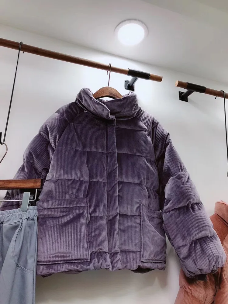 

18 Autumn And Winter New Style Casual Simple-Style Solid Color Corduroy Stand Collar Loose-Fit Padded down Coat Cotton-padded Cl