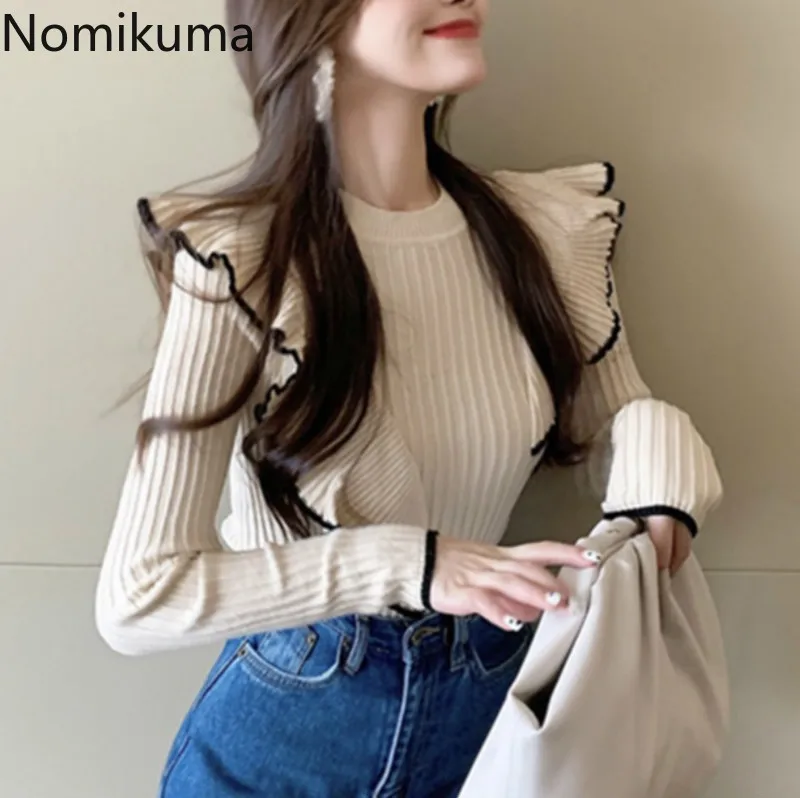 

2020 Autumn Winter Women Pullover Sweater Hit Color Ruffle Patchwork Knitted Tops Causal Slim Pull Jumpers