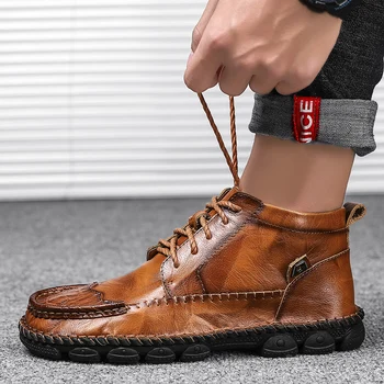 

2020 New Autumn Winter Leather Men Boots Comfortable Motorcycle Boots Men Footwear Rubber Ankle Boots Men's Shoes Size 38-48