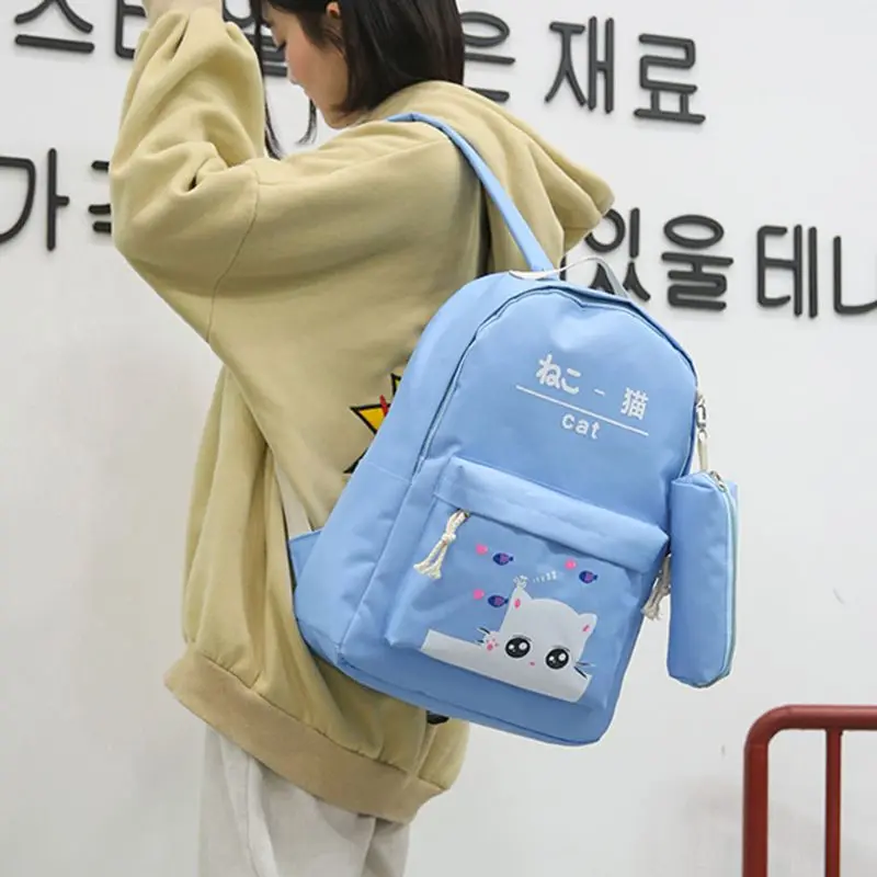 5pcs Adorable Cute Cat Print Canvas Women Girl Backpack Laptop Daypack Student School Shoulder Bag Bookbag Pencil Case Purse Set