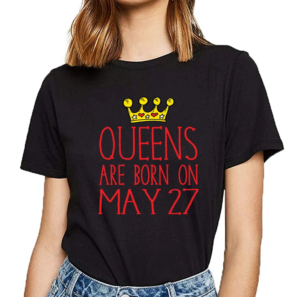 Топы Футболка для женщин queens are born on 27 мая Kawaii надписи хлопок женская