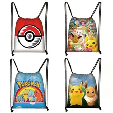 Сумка с рисунком покемона на шнурке, Пикачу толкает мяч, рюкзак для подростков, для мальчиков и девочек, сумки для хранения, детская парусиновая дорожная сумка, Книжная сумка