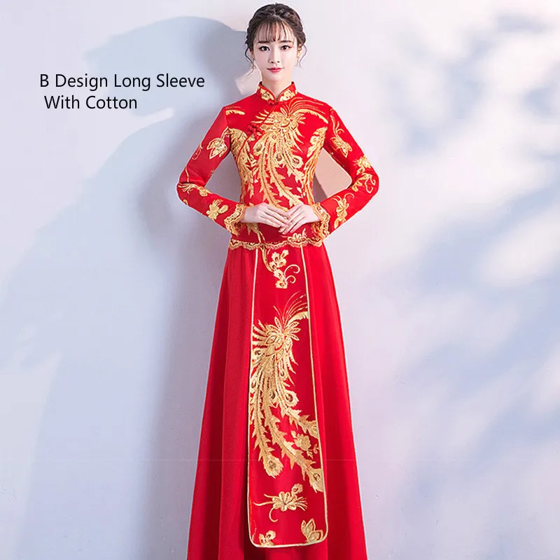 B long sleeve cotton Китайское традиционное платье Ципао для женщин невесты Cheongsam винтажные Свадебные платья леди династии Тан костюм - Цвет: B long sleeve cotton