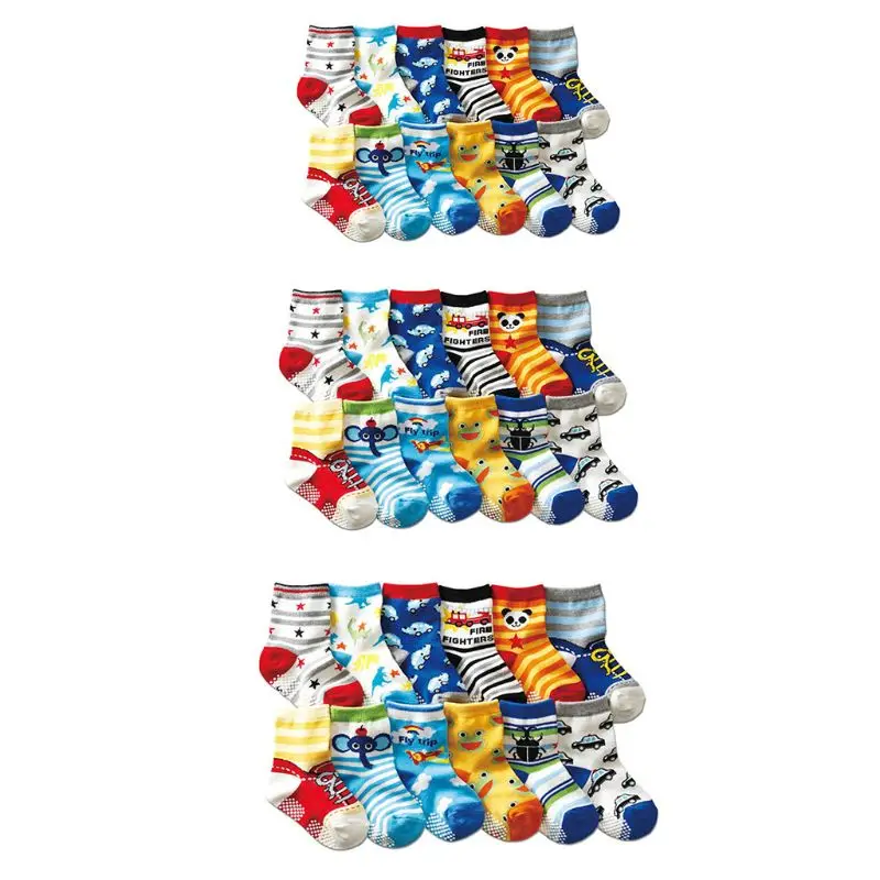 

12 Pairs/ Pack Kids Socks Assorted Non-Skid Ankle Cotton Pattern Socks with Grip NEW