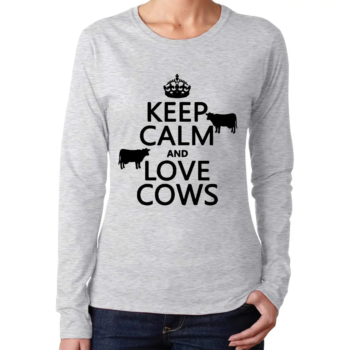 Keep Calm and Love Cows Женские повседневные футболки с длинным рукавом и круглым вырезом |