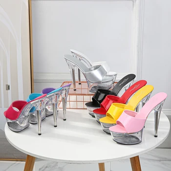 

Women Slippers Platform Flower Red High Heels Patent leather 15cm Outdoors Sandals Ladies Shoes Clear Thin Heel Crystal Shoes