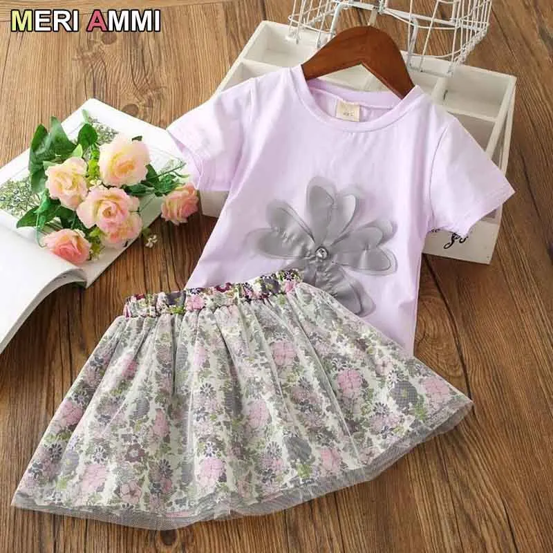 

MERI AMMI 2 pcs Set Children Girl Clothing Outfit Set Short Sleeve Floral Tee +Flower Skirts For 2-9 Year Girl