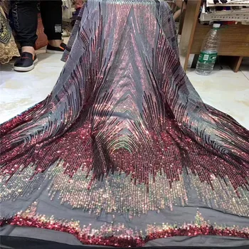 

Sequined Mesh Tulle Net Lace Fabric 2019 Wine Latest Design New Nigerian Embroidery Sequns Net Wedding Dress Laces Mateiral