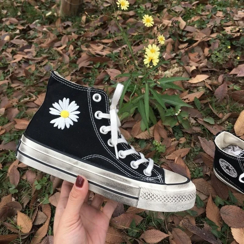 

Canvas Fashion Shoes Woman 2019autumn Black Daisy Flower Women Casual Shoes Flats Canvas Women Casual Dirty Shoes Sneakers