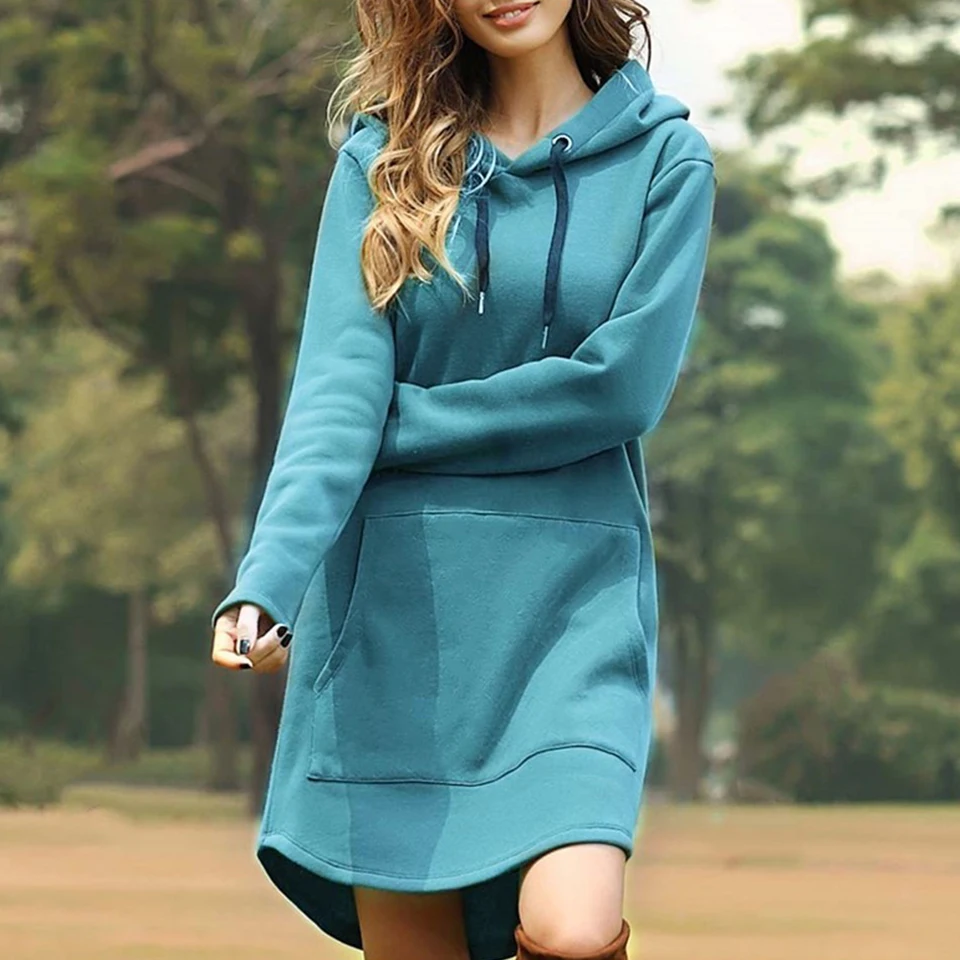 Hooded Tunic Sweatshirt Dress Poleron Mujer 2020 Kangaroo Pocket Irregular Women Casual Hoodie Sleeve