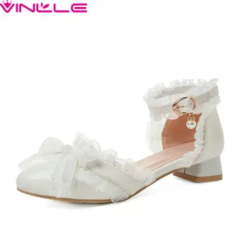 

VINLLE 2020 Buckle Square Low Heel Hollow Ladies Shoes PU Leather Butterfly-Knot Pointed Toe Hollow Women Pumps Big Size 34-43