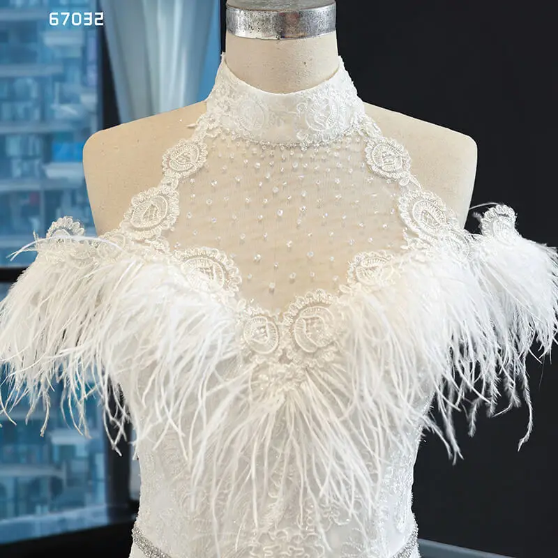 J67032 JANCEMBER Wedding Dress High Neck Feather Boat Neck Short Sleeve Lace Upb Ack Ruffle Belt Lace Applique Bridal Gown Boho 5