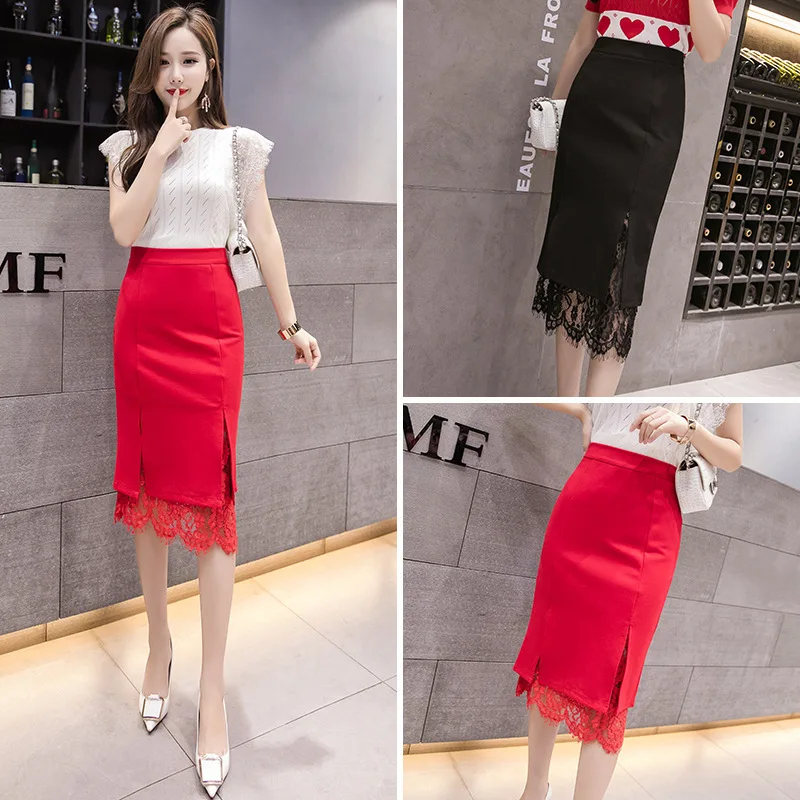 

2019 Spring And Summer New Style Korean-style Lace Hollow out Slit Skirt The Girls' Middle School Long Skirts Slim Fit High Wais