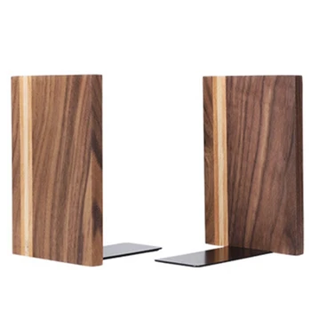

HOT-2Pcs Wooden Bookends with Metal Base Heavy Duty Book Stand with Anti-Skid Dots for Office Desktop or Shelves Decorative Book