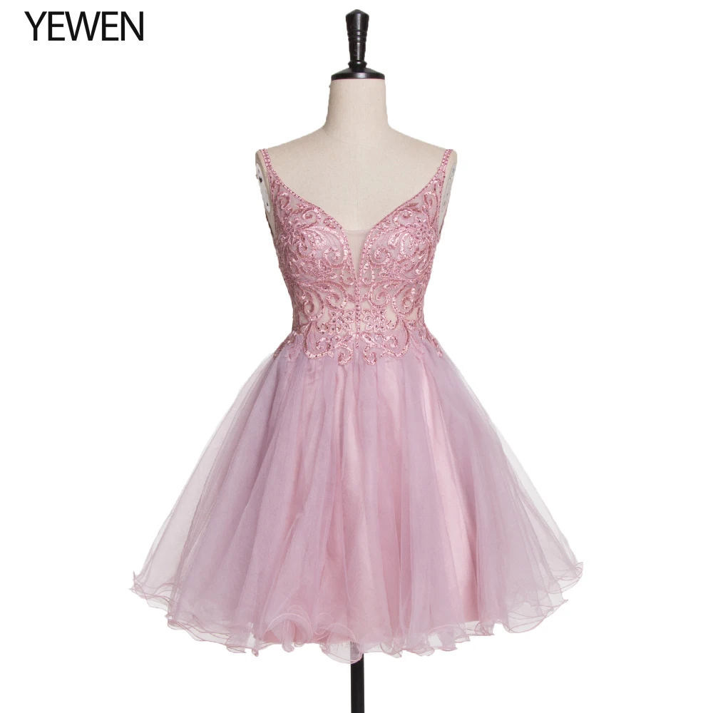 Розовый Тюль Короткие коктейльные платья 2019 v-образным вырезом кружева бисером формальное платье Вечерние принцессы пышное платье