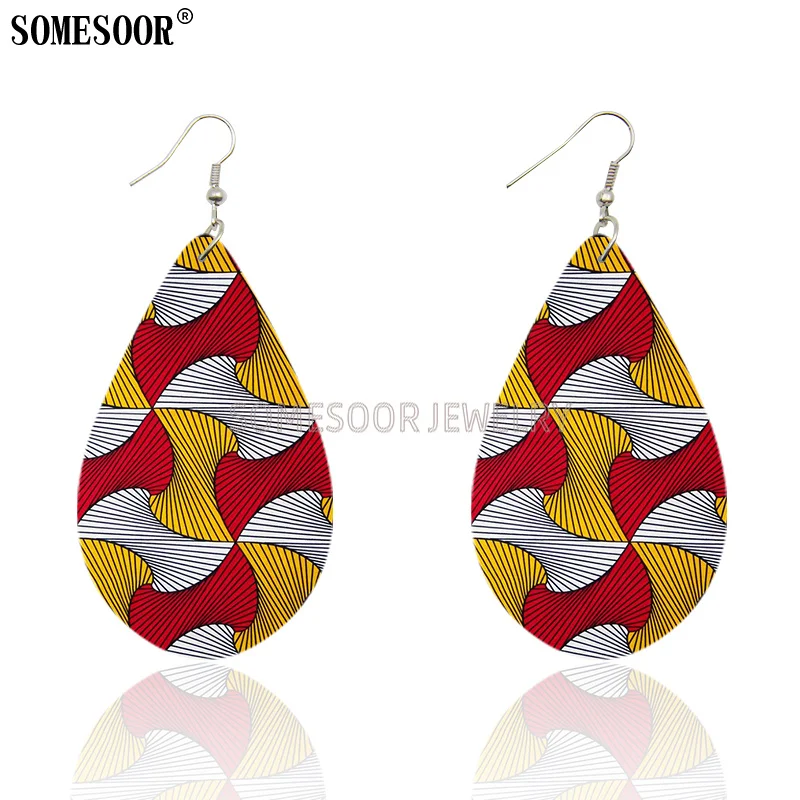 SOMESOOR 2021 New Pattern Tear-Drop Shape Irregular Line Double Sides Printing Dangle African Wooden Earrings For Women