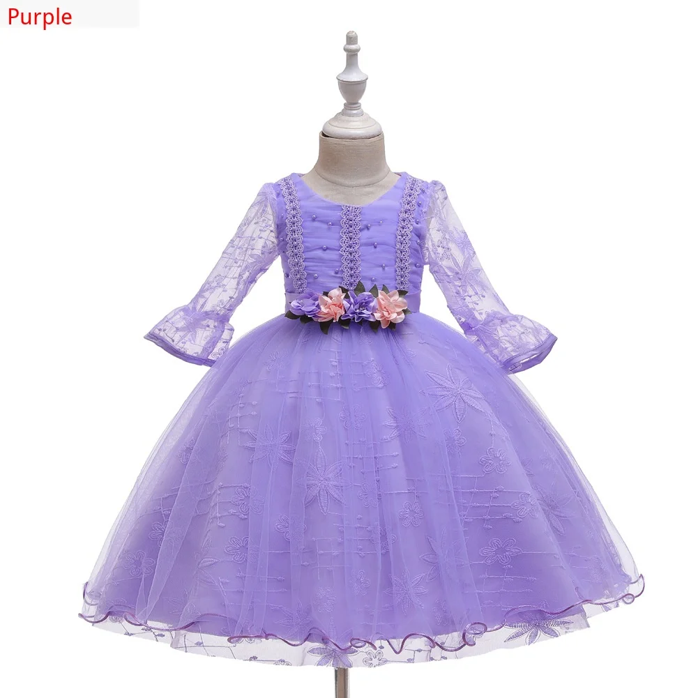 Платье с цветочной аппликацией для девочек; Детские платья с короткими рукавами для девочек; платье принцессы; кружевное платье с бисером для девочек; рождественское платье для дня рождения - Цвет: Purple