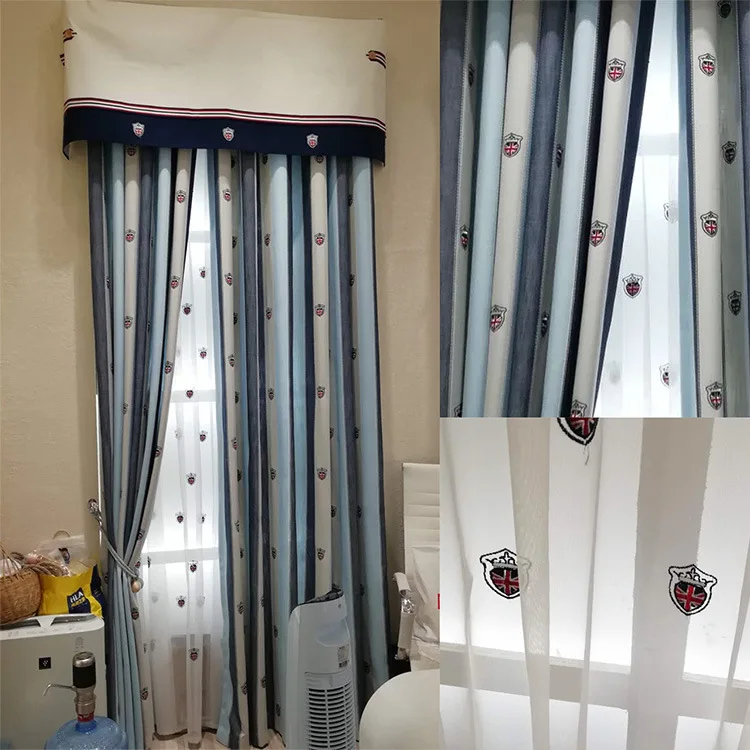 

Mediterranean Cartoon Blue and White Striped Emblem Embroidery Curtains for Living Dining Room Bedroom.