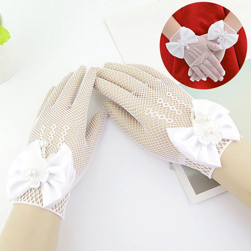 Kids Lace Pearl Mesh Bow Gloves Flower Girl Fishnet Gloves Party Supplies Birthday Ceremony Coronation Accessories For Princess