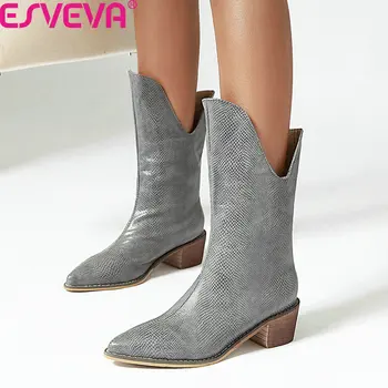 

ESVEVA 2020 Pointed Toe Slip on Mid Calf Boots PU Leather Round Toe Women Boots Autumn Winter Square Heel Women Shoes Size 34-43