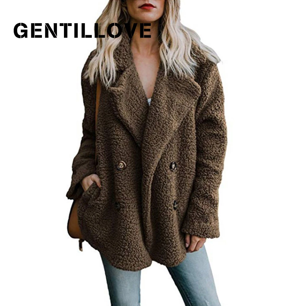 Gentillove Женское зимнее плюшевое пальто, женское теплое пальто из искусственного меха в английском стиле, повседневное пальто размера плюс, мягкие пушистые флисовые куртки, пальто 5XL