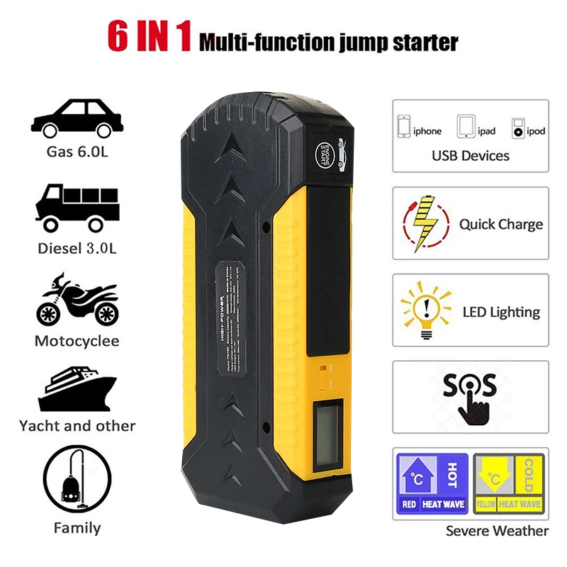 Impulsionador da Bateria de Carro a Gasolina Multifunction Jump Starter Power Bank 9000mah 12v 600a 4usb Portátil Diesel Carregador Dispositivos Partida Mod. 264754 4 High Quality Automóveis e motos