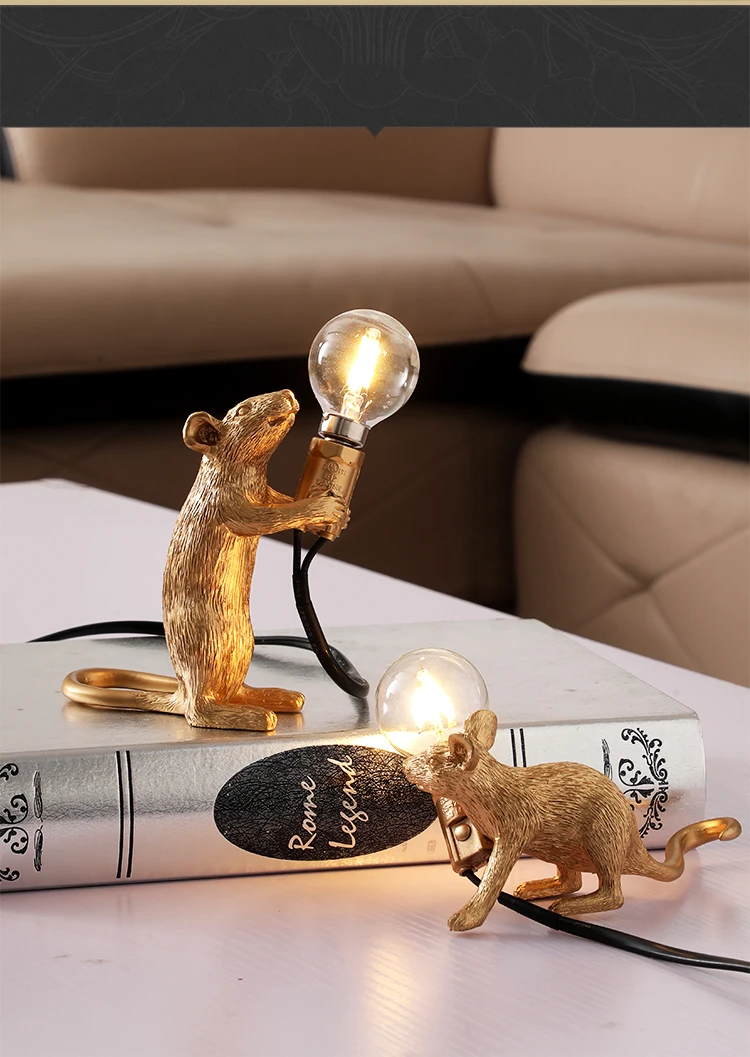 Светодиодная настольная лампа SELETTI в скандинавском стиле из смолы с мышкой, Современная Милая художественная лампа с мышкой белого и золотого цвета, светильник для детской комнаты, спальни, внутреннего освещения