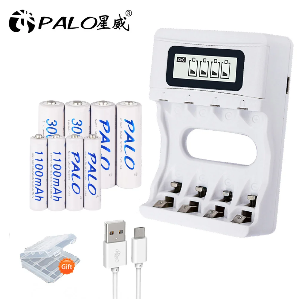 PALO 4pcs AA 2A 3000mAH+ 4pcs AAA 3A 1100mAh NI-MH NIMH NI MH rechargeable battery+ intelligent USB fast charge LCD charger