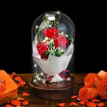 

Red Rose Flower In Glass Dome Wooden Base For Valentine's Day Mother's Day Gifts Christmas LED Rose Lamps Home Decoration