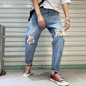 

Hole nine points jeans men's Korean version of the self-cultivation retro hole harem pants personality trend fashion street