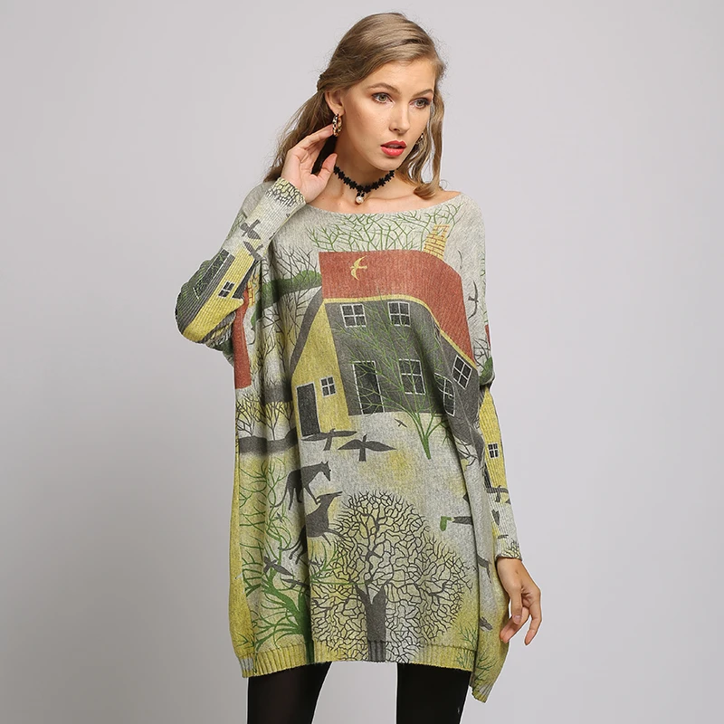

Women Oversized Sweaters Batwing Sleeve Casual Long Runway Sweater Women's Clothing Slash Neck Printing Pullovers and Sweaters
