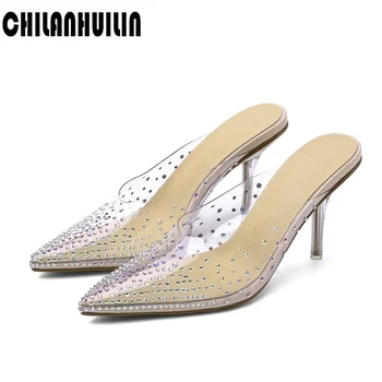 

sexy pointed toe thin high heel crystal women sandals summer slippers ladies rhinestone transparent heel party shoes woman pumps