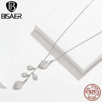 

BISAER Trendy Jewelry Dazzling Zircon The Falling leaves Pendant Necklace 100% 925 Sterling Silver For Women Party Gift GAN075