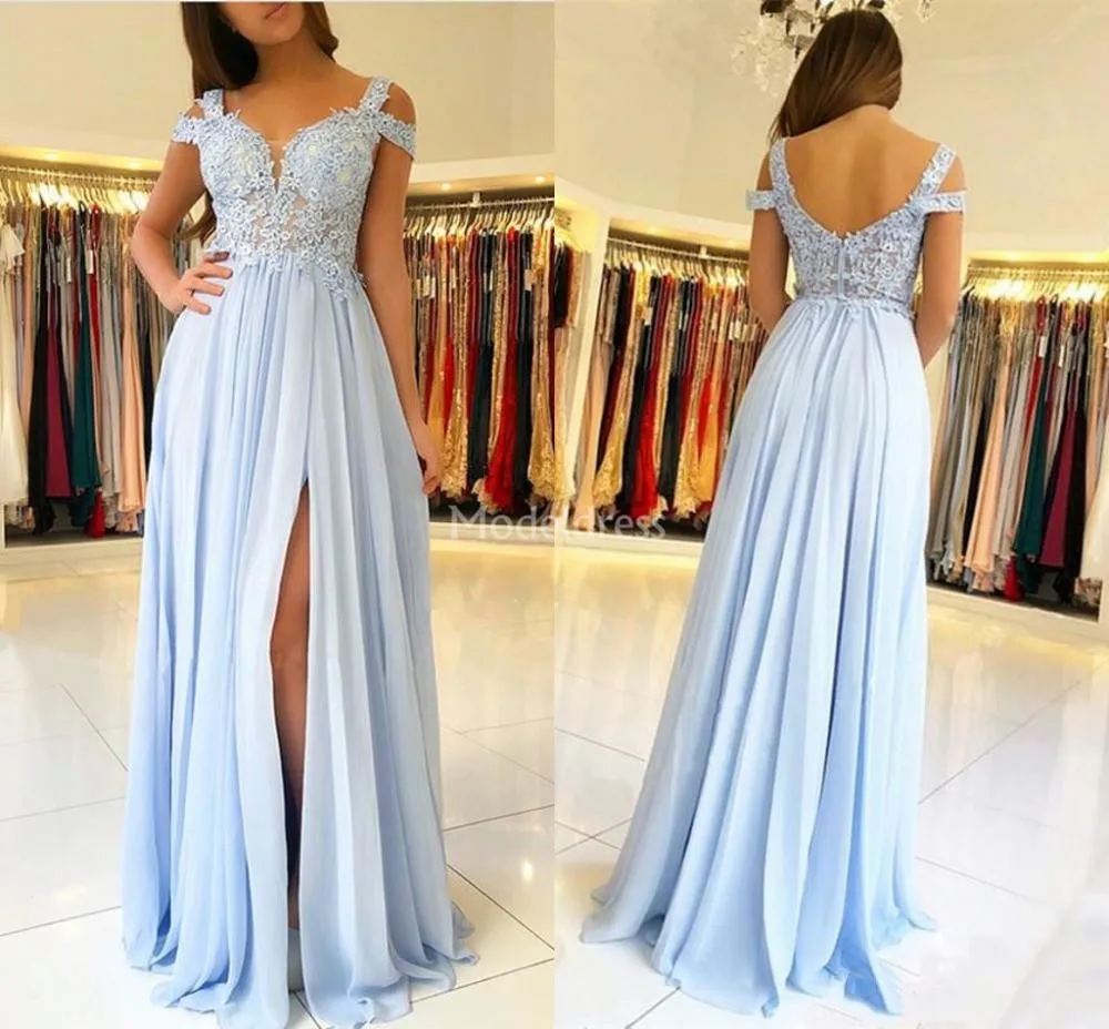 

Lace Prom Dresses Off Shoulder Open Back High Side Split Chiffon Sweep Train Formal Evening Gown Elegant Special Occasion dress