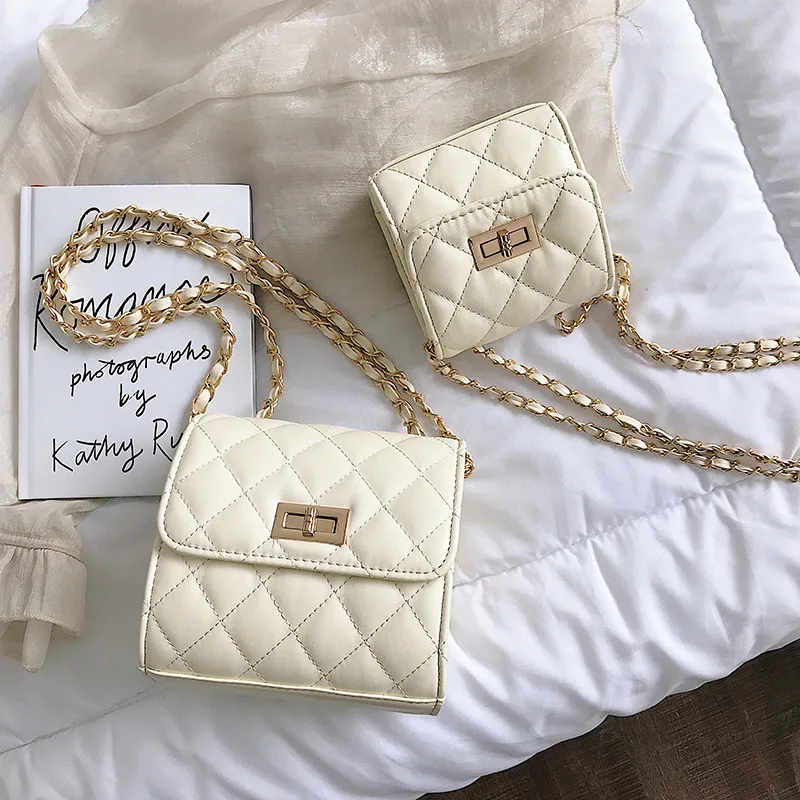 

Small Bag Women's 2020 New Style Fashion Textured Mini Rhombus Chain Bag Versatile INS Lock Crossbody Bag