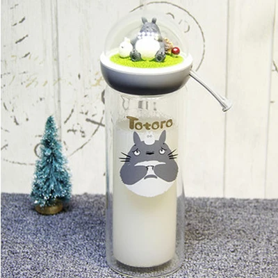300ML Gray Creative Micro Landscape Cartoon Totoro Mini Water Bottle For Girl Double Layer Glass Bottle Kawaii Drinking Bottles BPA Free - Цвет: 300ML Gray