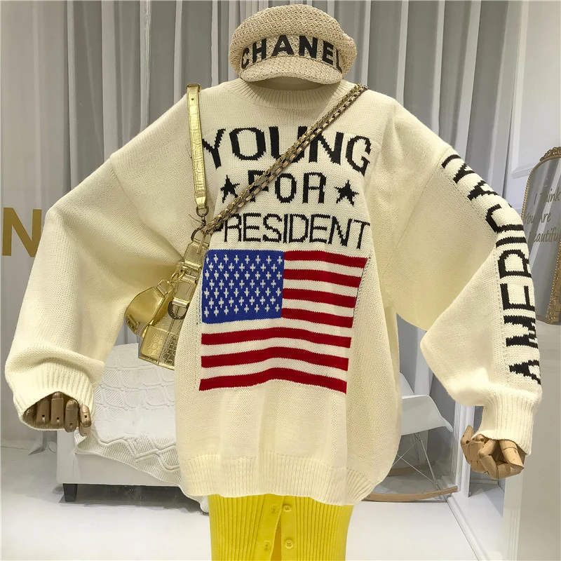 

American Flag Letter Women Sweaters Black High Street O-Neck Long Top Loose Women's Free Knitted Sweater 2019 Fall Winter