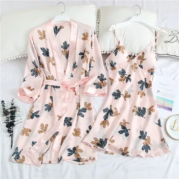 

Silky 2PCS Nighty&Robe Set Women Print Flower Sleepwear Satin Casual Nightdress Bridal Wedding Gift Home Clothes Sexy Bathrobe