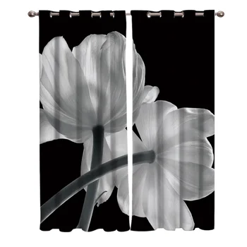

Black And White Tulips Flower Curtains Window Living Room Curtains Kitchen Indoor Window High Blackout Curtain