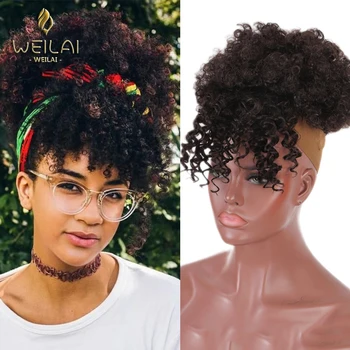 

WEILAI Ponytail Hair Extension Drawstring Short Pony Tail Puff Afro Kinky Curly Synthetic Ponytail with Bangs Clip in for women
