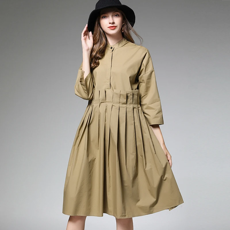 Autumn Women elegant Accordion fold pleated dress mandarin collar Plus Size loose midi dress
