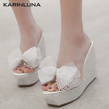 

KarinLuna 2020 New Fashion Women Slippers High Wedges Med Platform Butterfly-knot Summer Outside Women Sandals