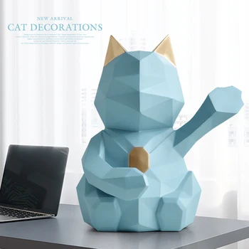 

HOME DECORATION CAT FIGURINE FOR HOME OFFICE STATUE FOR TABLETOP DESK ORNAMENTS DECOR GEOMETRIC RESIN LUCKY CAT SCULPTURE