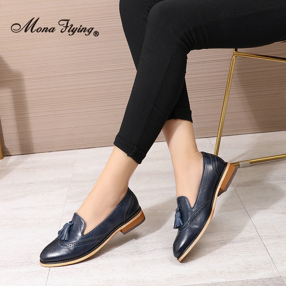 Mona Flying Women Genuine Leather Slip-on Tassel Penny Loafer Designer Loafers Casual Flat Driving Shoes for Ladies H618-1