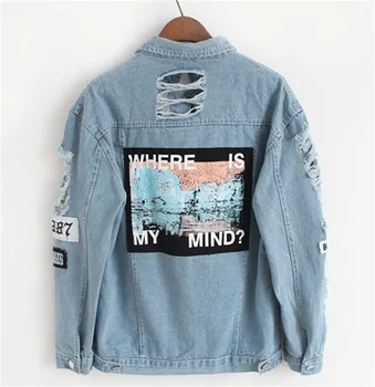 

Women Frayed Denim Bomber Jacket 2019 Autumn Fashion Coat Appliques Print Jacket Lady Casual Vintage Elegant Outwear Vangull
