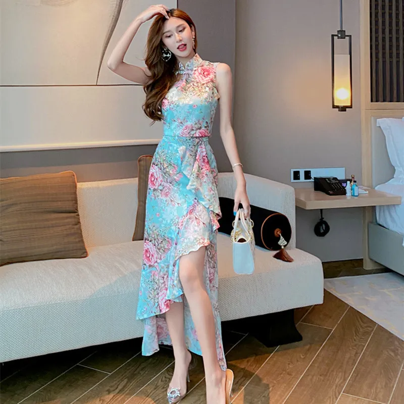 

Summer 2 Pieces Sets Print Women Suit Sexy Stand Collar Sleeveless Tops and Asymmetrical Ruffle Skirts Vintage Two Piece Set