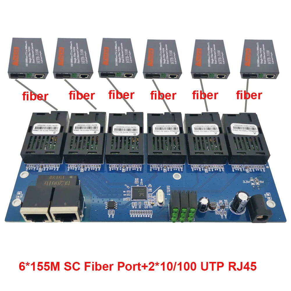 6F2E 10/100 м Быстрый Ethernet-коммутатор конвертер 25 км Ethernet волоконно-оптический медиа конвертер одиночный режим 2* RJ45 и 6* SC волокно Порты и разъёмы
