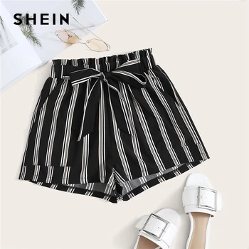 Женские шорты с поясом SHEIN, черные шорты с вертикальными полосками и карманами спереди, симпатичное повседневное свободные шорты на шнурке, ...